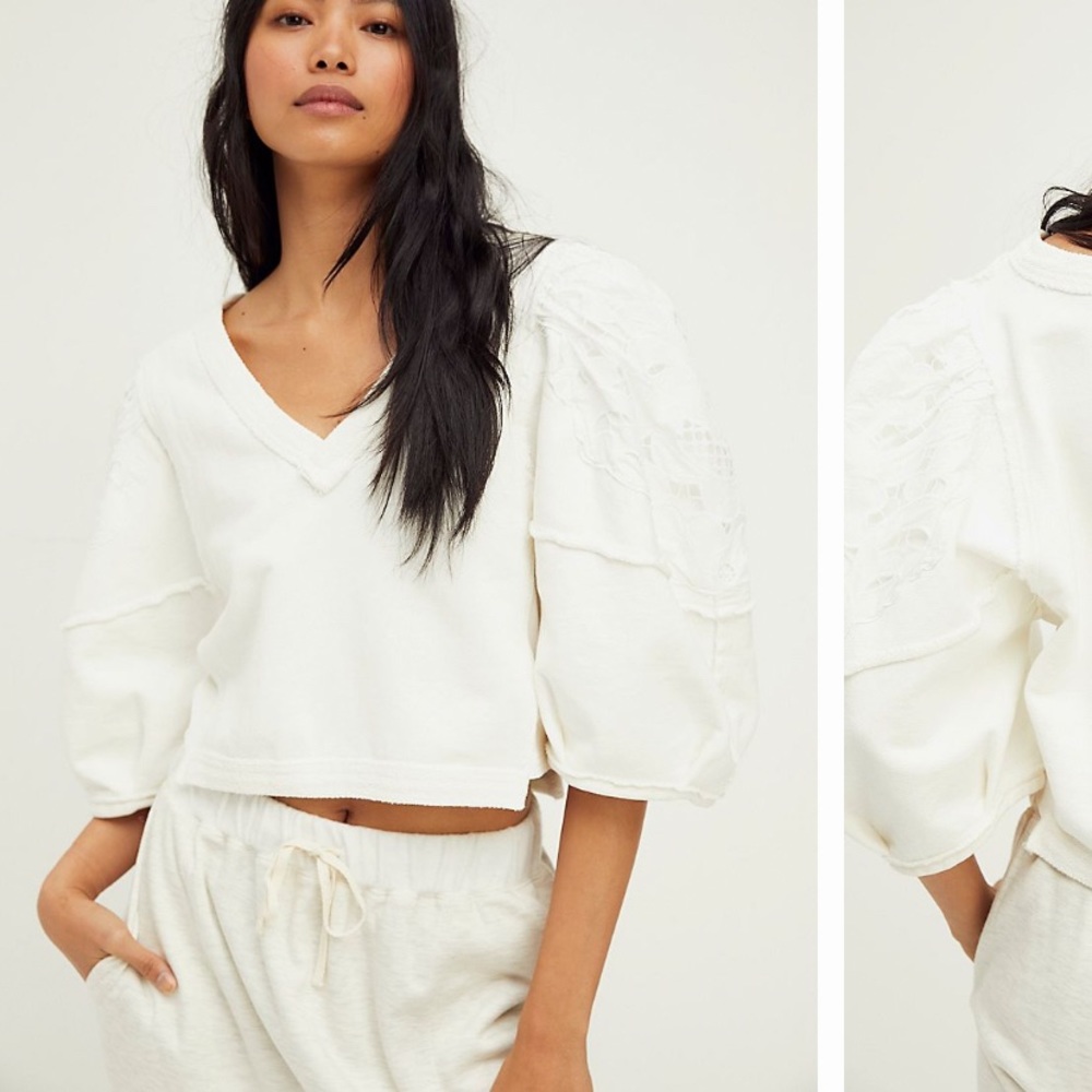 FREE PEOPLE ALYSSA ROSE COTTON PULLOVER CROPPED WITH LACE DETAILING SIZE SMALL - Picture 2 of 9